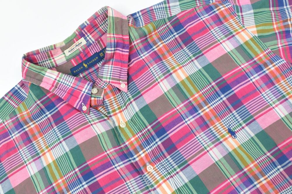 Ralph Lauren Madras Plaid Shirt Mens 3XB Pink Green Plaid Long Sleeve Classic